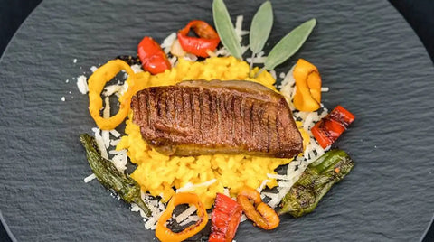 Entenbrustfilet mit Safran-Risotto & Pimentos de Padron