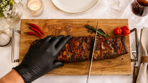 Eine Hand in einem schwarzen Handschuh schneidet AUMAERKS Spareribs „Little Rocco“ aus der Limited Edition auf einem Holzbrett, umgeben von roten Chilischoten, Kräutern, einer Kerze, Wein und einem gedeckten Tisch.