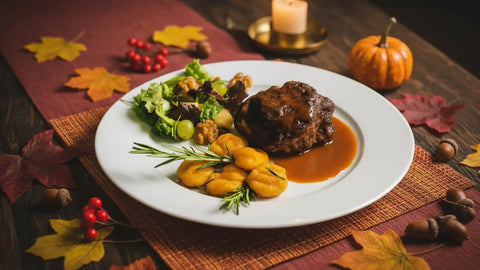 Ein weißer Teller mit zartem AUMAERK-Schmorbraten in brauner Soße, Gnocchi, Walnüssen und Blattgemüse auf einem herbstlich dekorierten Tisch mit Blättern, Beeren, einer Kerze und einem kleinen Kürbis im Hintergrund.